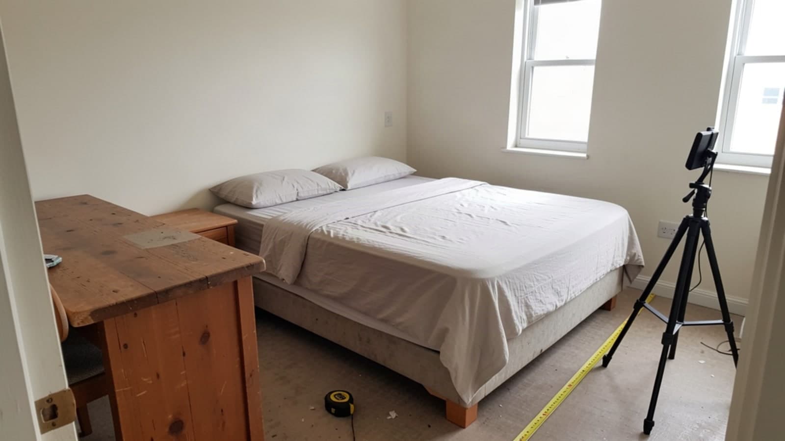 Tidy furnished bedroom with a made bed, a wooden desk and a chair by a window with daylight, ready for photos