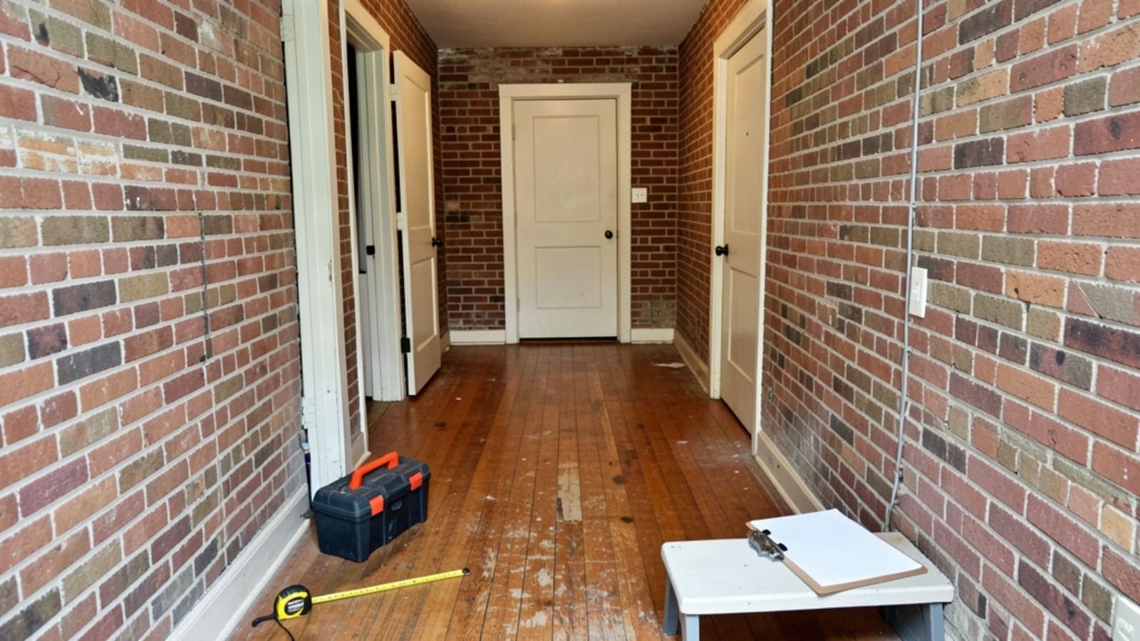 Hallway of an older brick house with a white door at the end, a toolbox and tape measure on a worn wood floor and a clipboard on a step stool