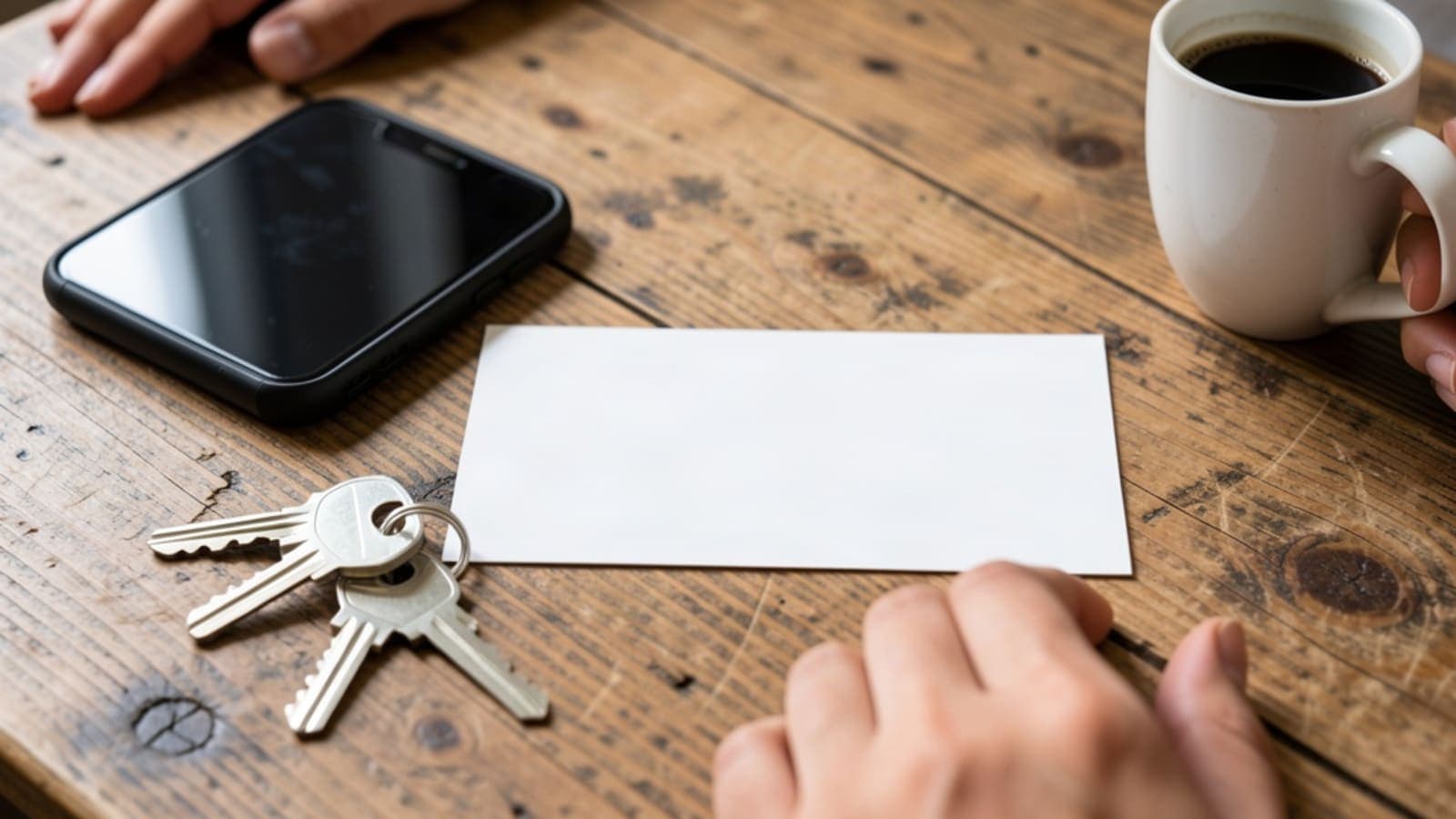 Hands holding a plain card and a phone over a wooden table beside a set of house keys, in soft window light