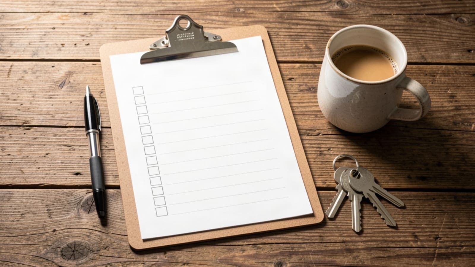 Clipboard with a blank checklist and a pen on a wooden table next to a set of house keys, in soft natural light