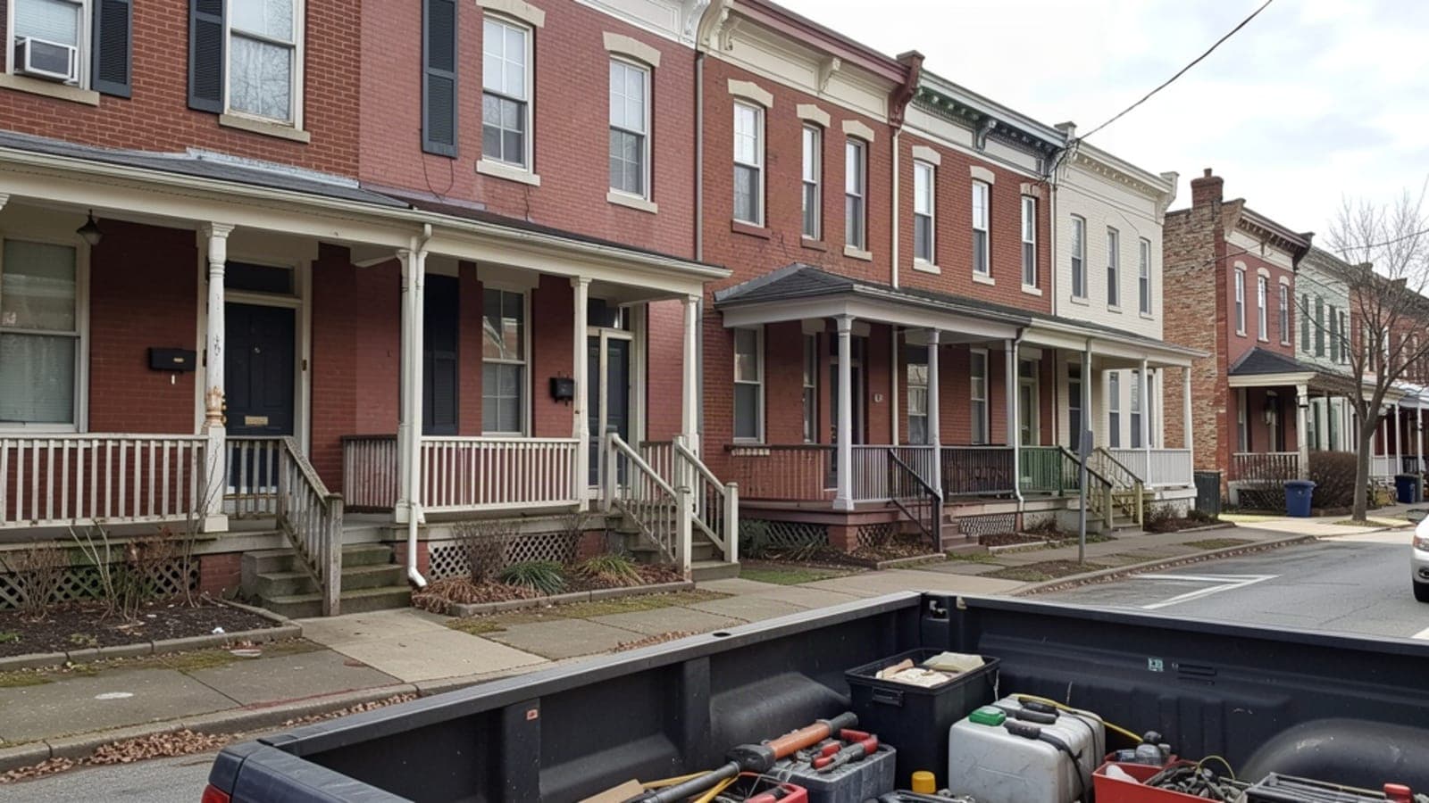 Row of older brick houses with front porches on a quiet street, with tools in a pickup truck bed in the foreground