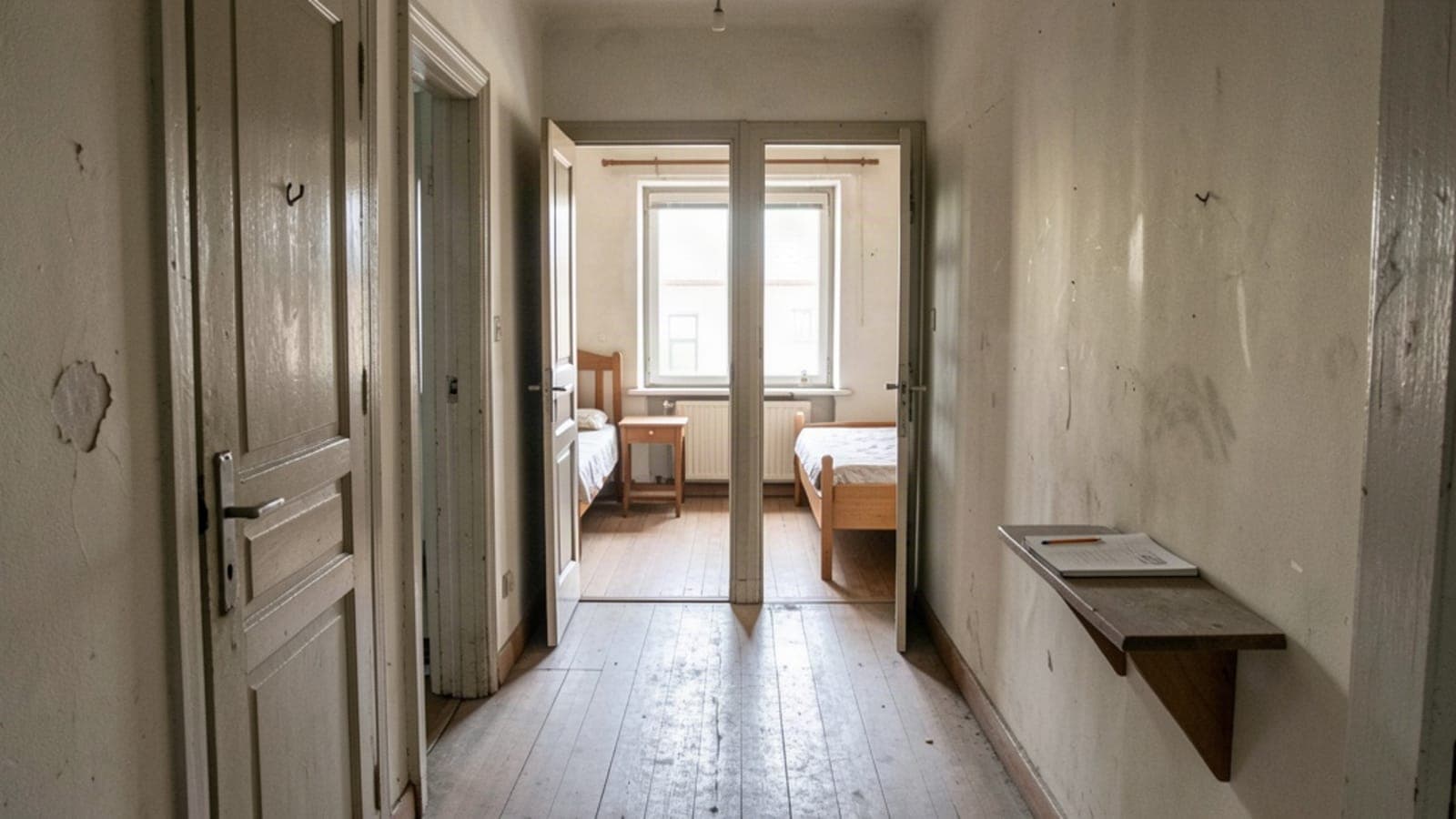Hallway in an older house with open bedroom doors, a bed visible in the room ahead and a notepad on a wall shelf