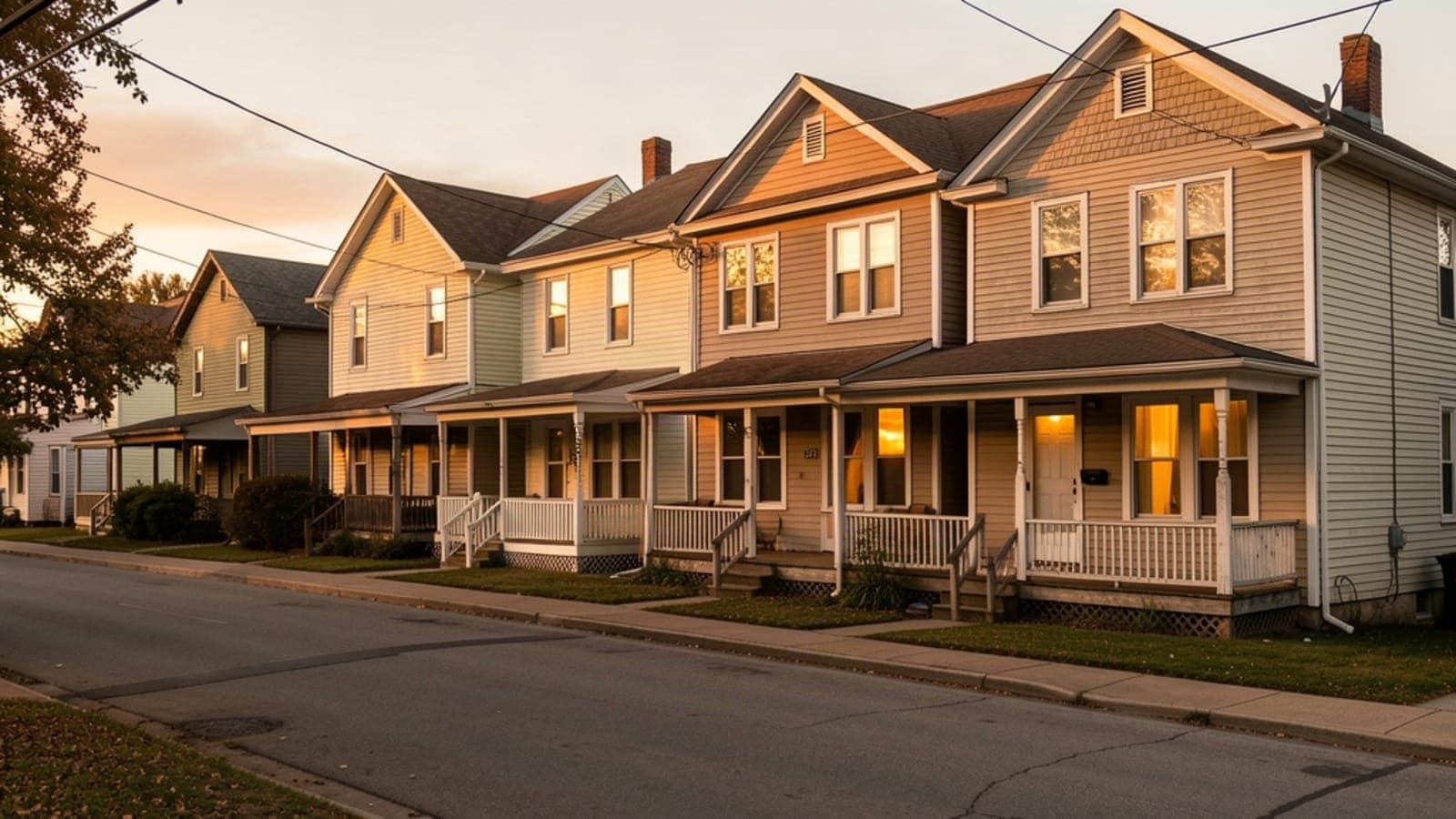 Row of modest older houses with front porches at golden hour, with a few windows lit