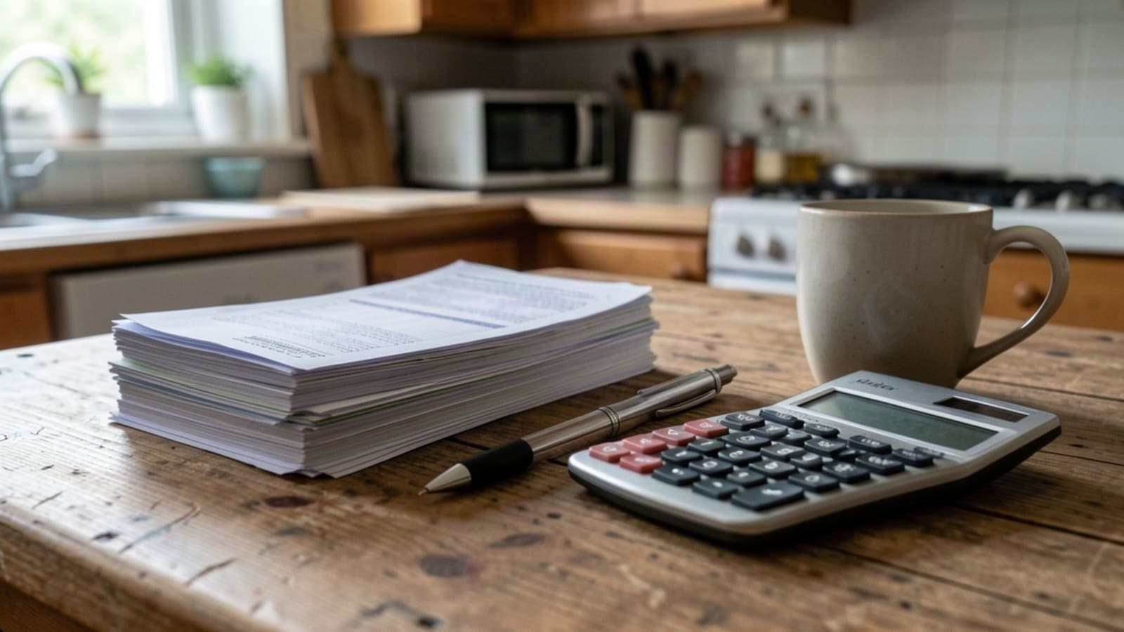 Stack of paper bills, a calculator, a pen and a coffee mug on a worn wooden kitchen table