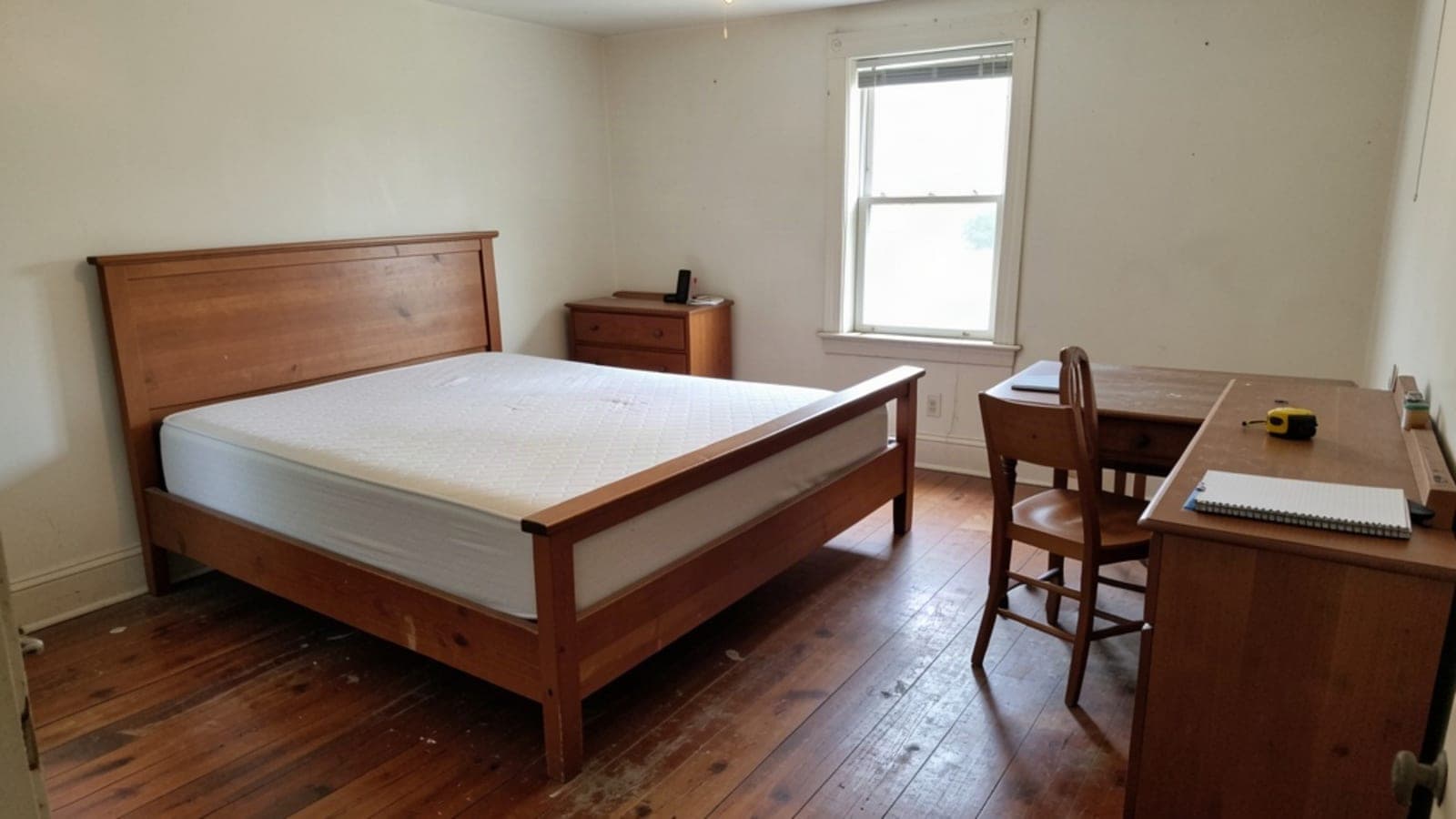 Furnished bedroom with a wood bed frame, dresser, desk and chair on a hardwood floor in window light
