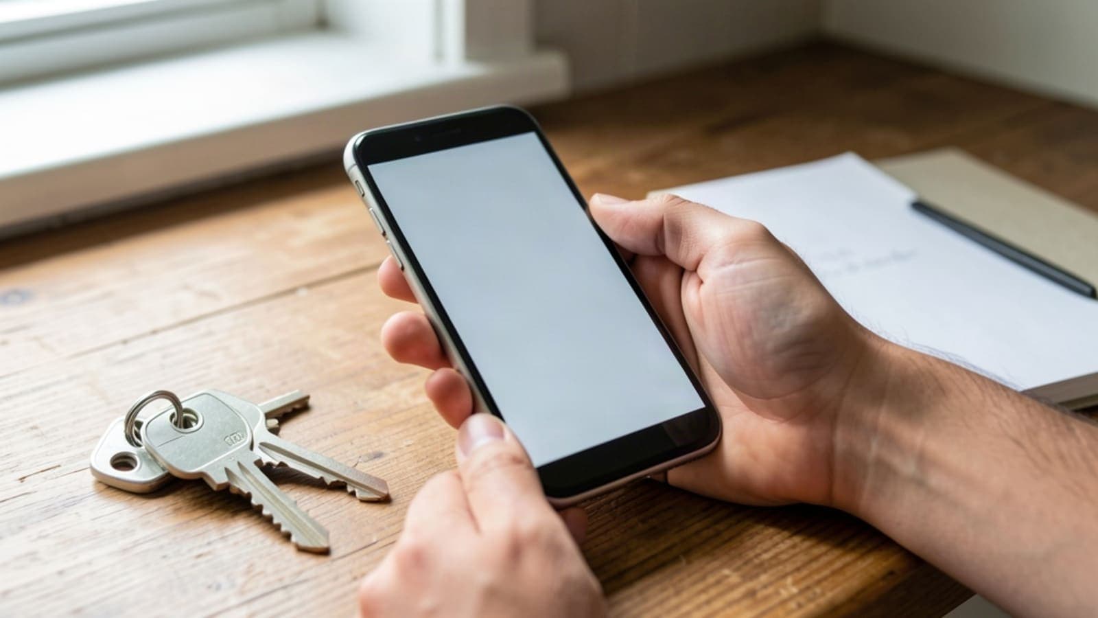 Hands holding a smartphone with a blank screen above a wooden counter, with house keys and a notebook beside it