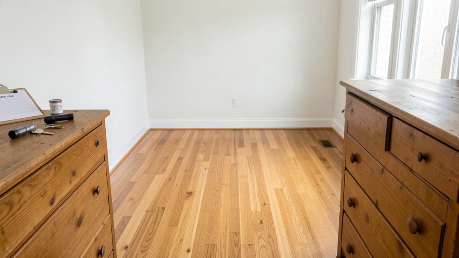 Clipboard with a blank checklist, a house key and a flashlight on a bare wooden dresser in an empty bedroom
