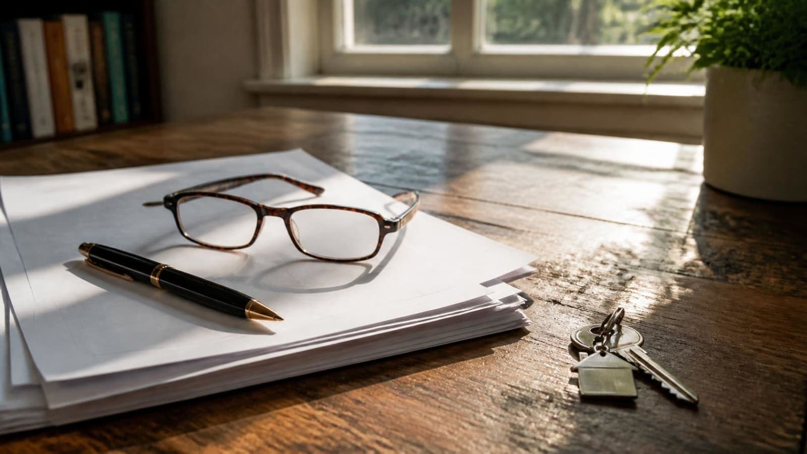 Reading glasses, a pen, and a notepad on a wooden desk beside a set of house keys