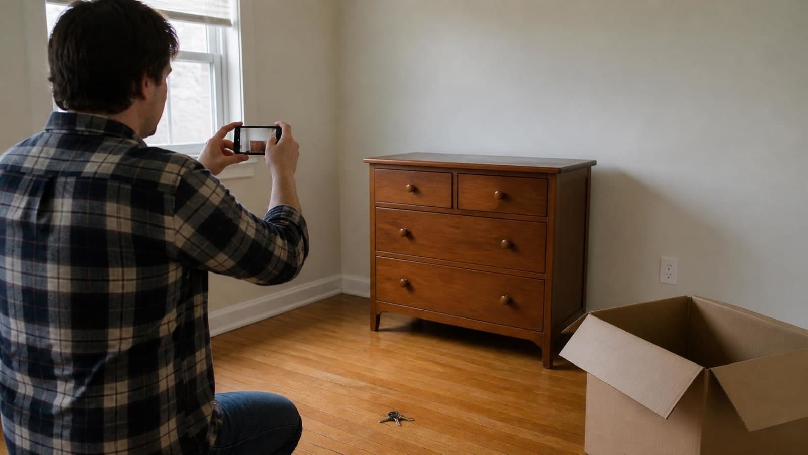 Renter taking a phone photo of an empty bedroom with a dresser and an open cardboard box