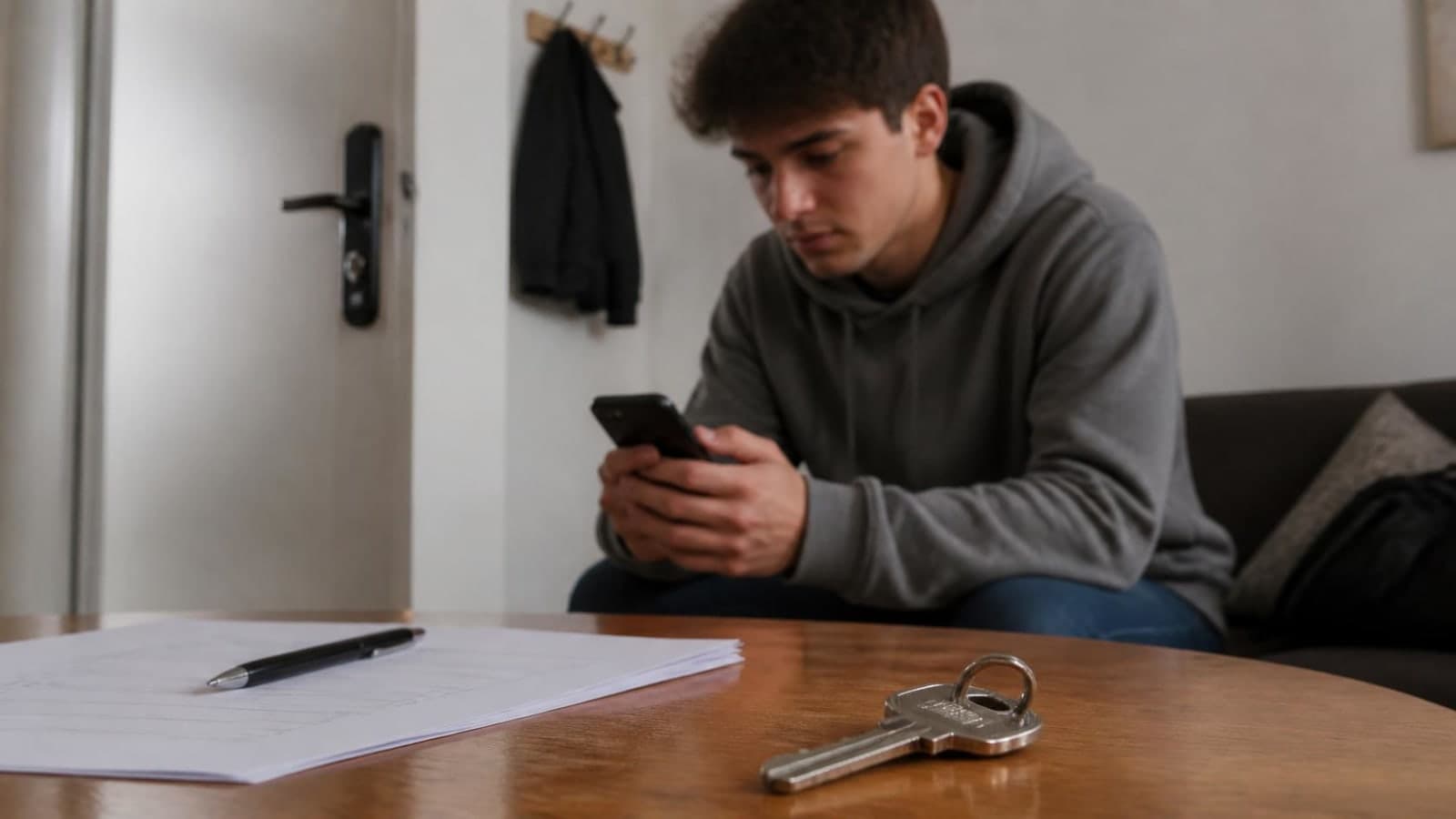 Young man in a gray hoodie sitting at a table checking his phone, house keys beside him