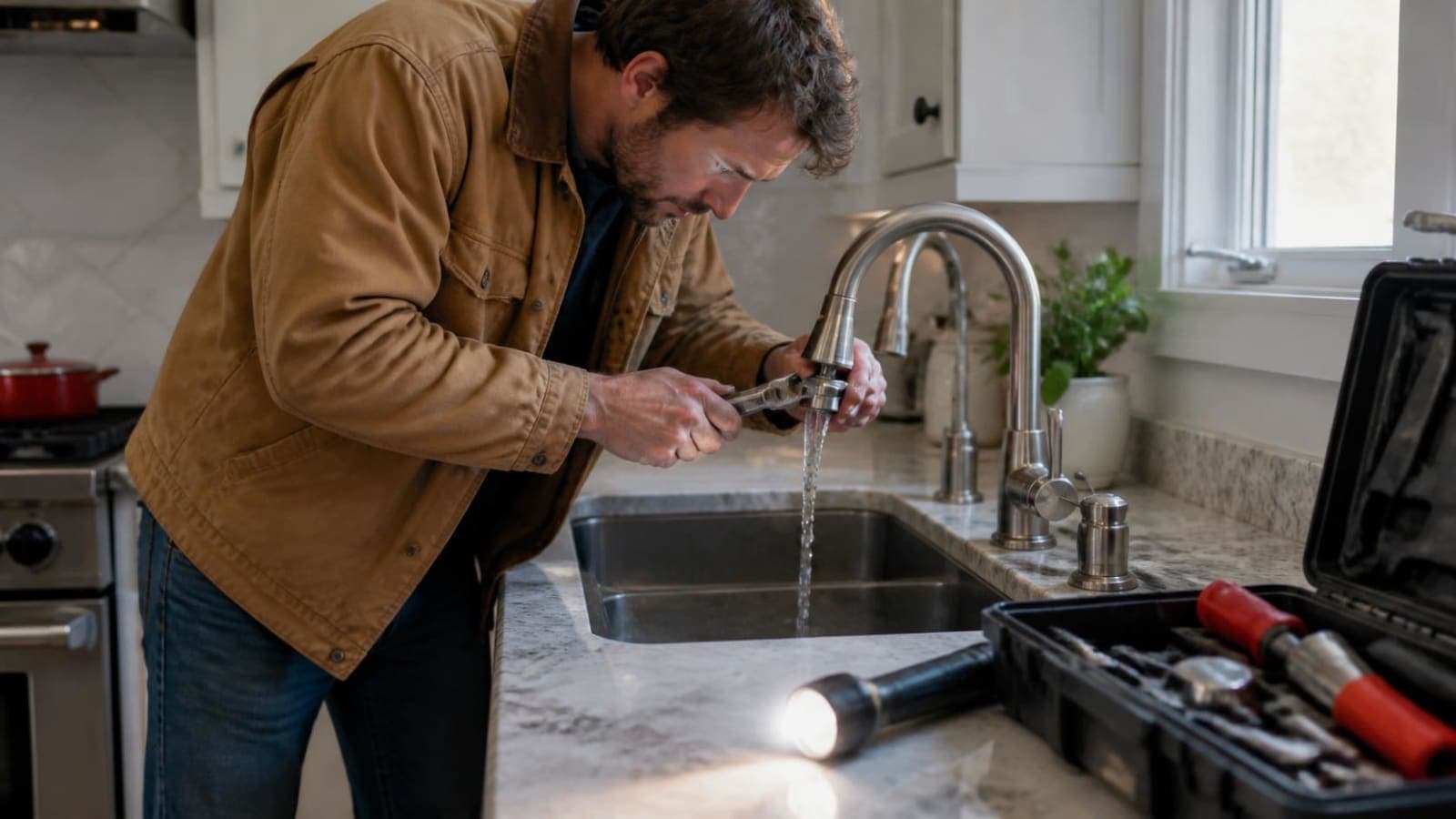 Host in a work jacket fixing a kitchen sink faucet with a flashlight and open toolbox nearby