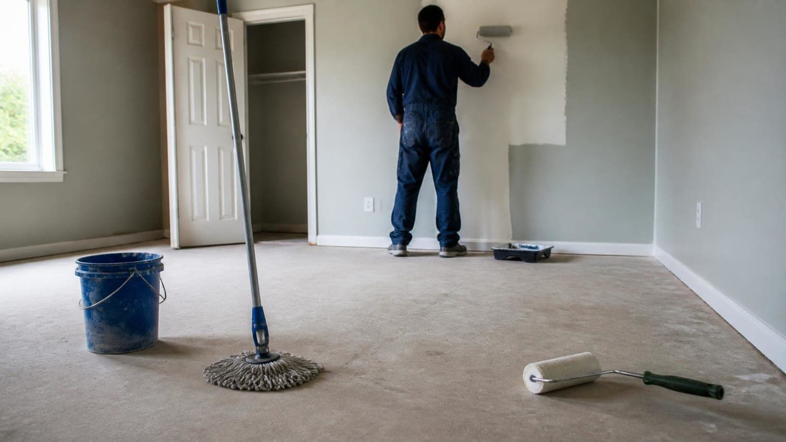 Painter rolling fresh paint on a wall in an empty room with a paint bucket and mop on the floor