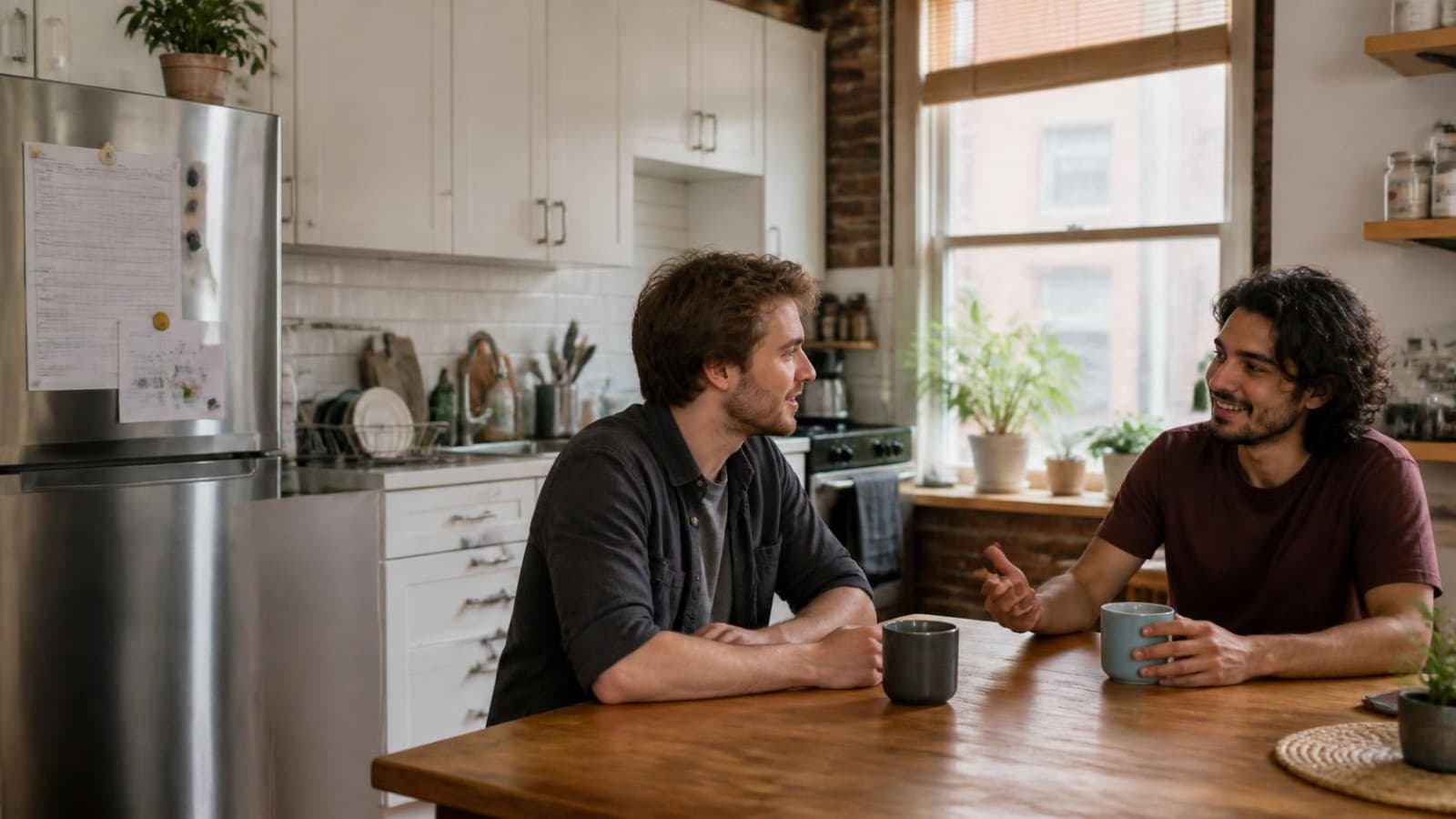Two roommates talking over coffee at a kitchen table