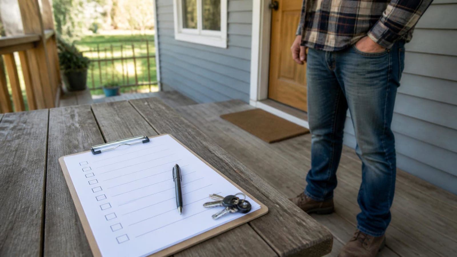 Host in a plaid shirt standing on a porch with a checklist clipboard, pen, and keys on the porch floor