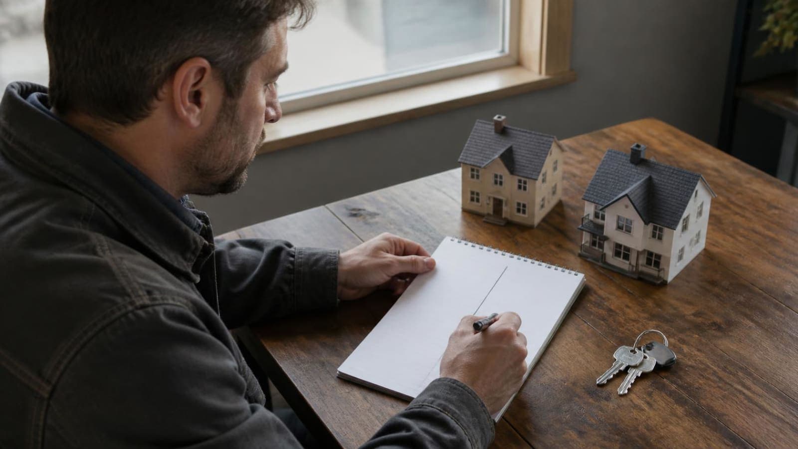 Man writing on a notepad at a wooden table beside two small model houses and a set of keys