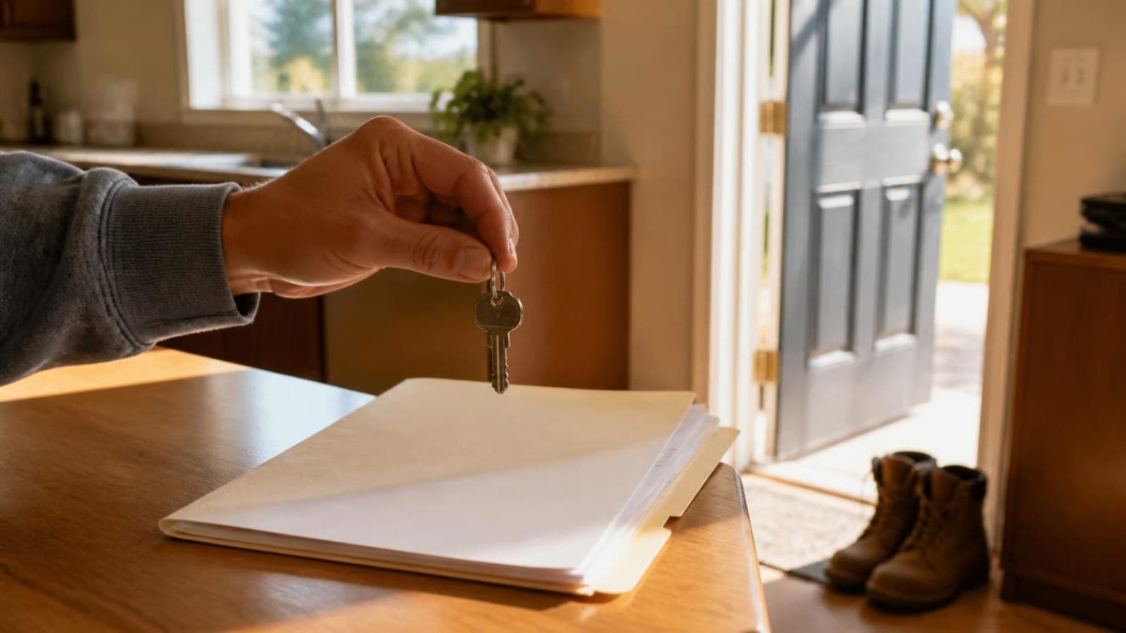 Hand holding house keys over papers on a kitchen table with an open door and boots behind it