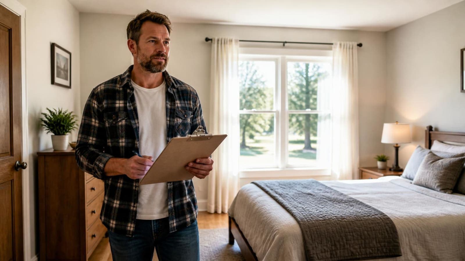 Host in a plaid flannel shirt holding a clipboard in a bright bedroom with a made bed