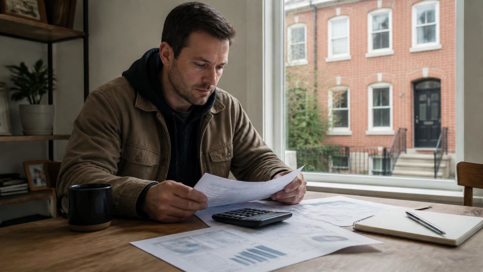 Man reviewing papers and a calculator at a desk by a window overlooking brick townhouses