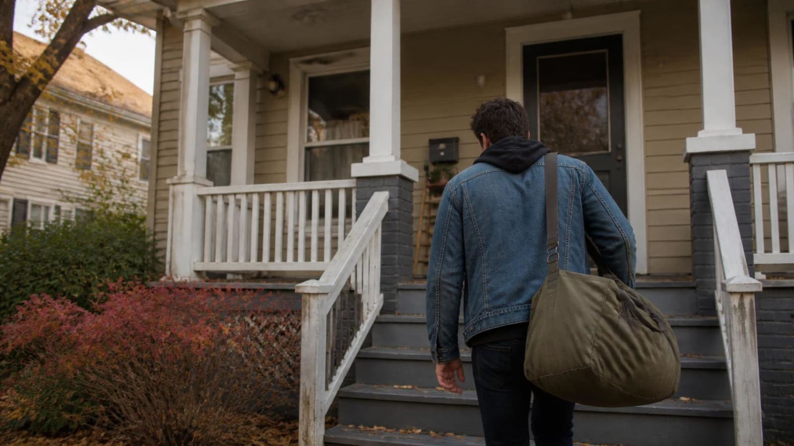 Person carrying a bag up the front porch steps of a house