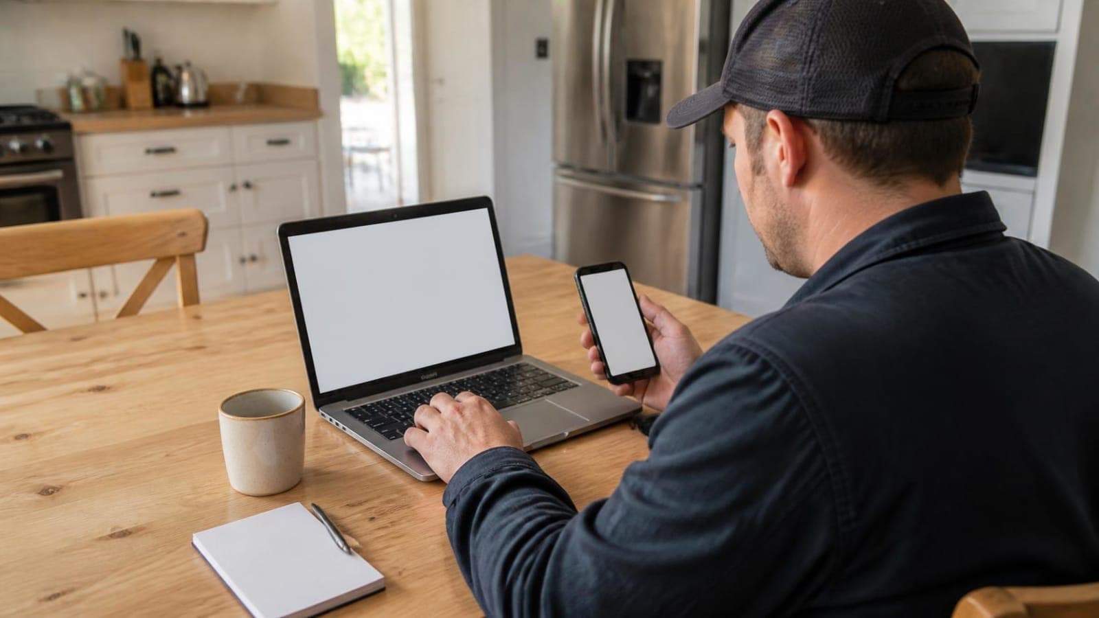 Host in a ball cap using a laptop and phone at a kitchen table with a notebook and mug