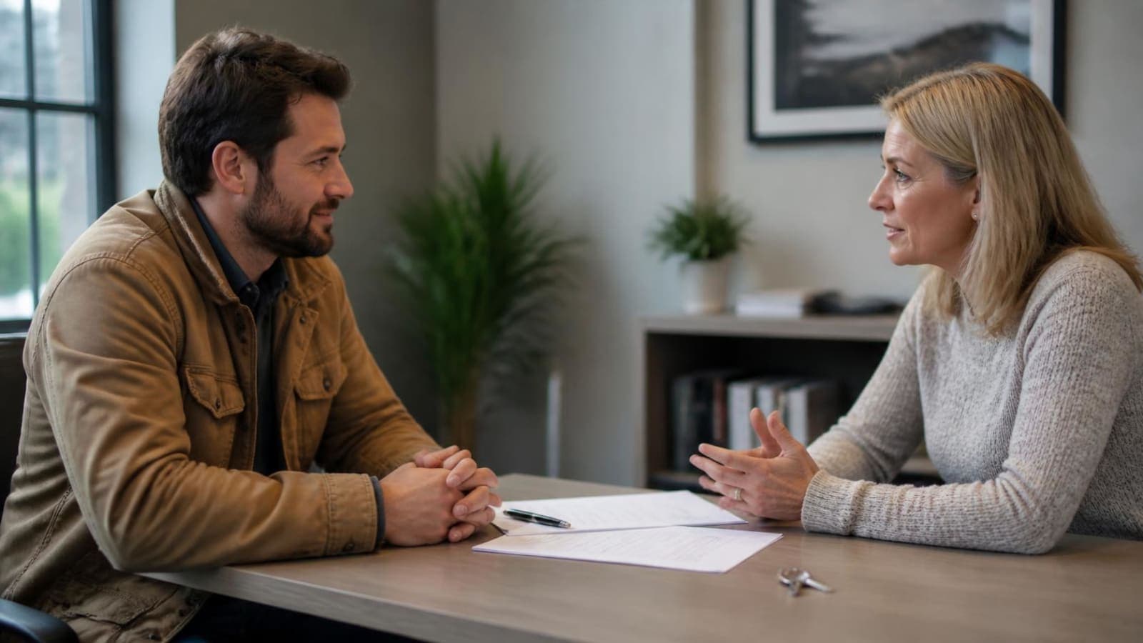Man and woman talking across a table with documents between them