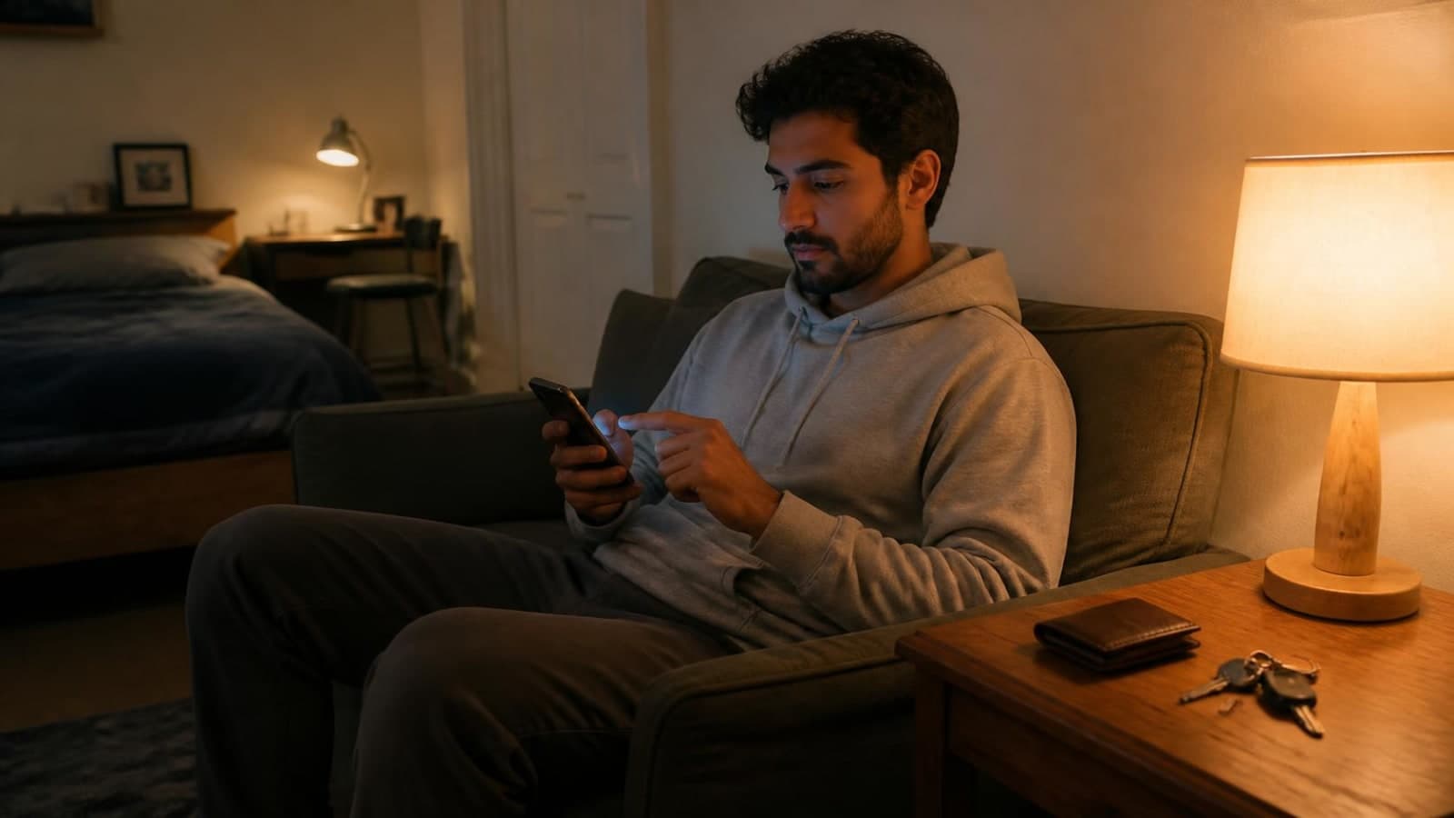 Man sitting on a couch at night looking at his phone beside a warm lamp