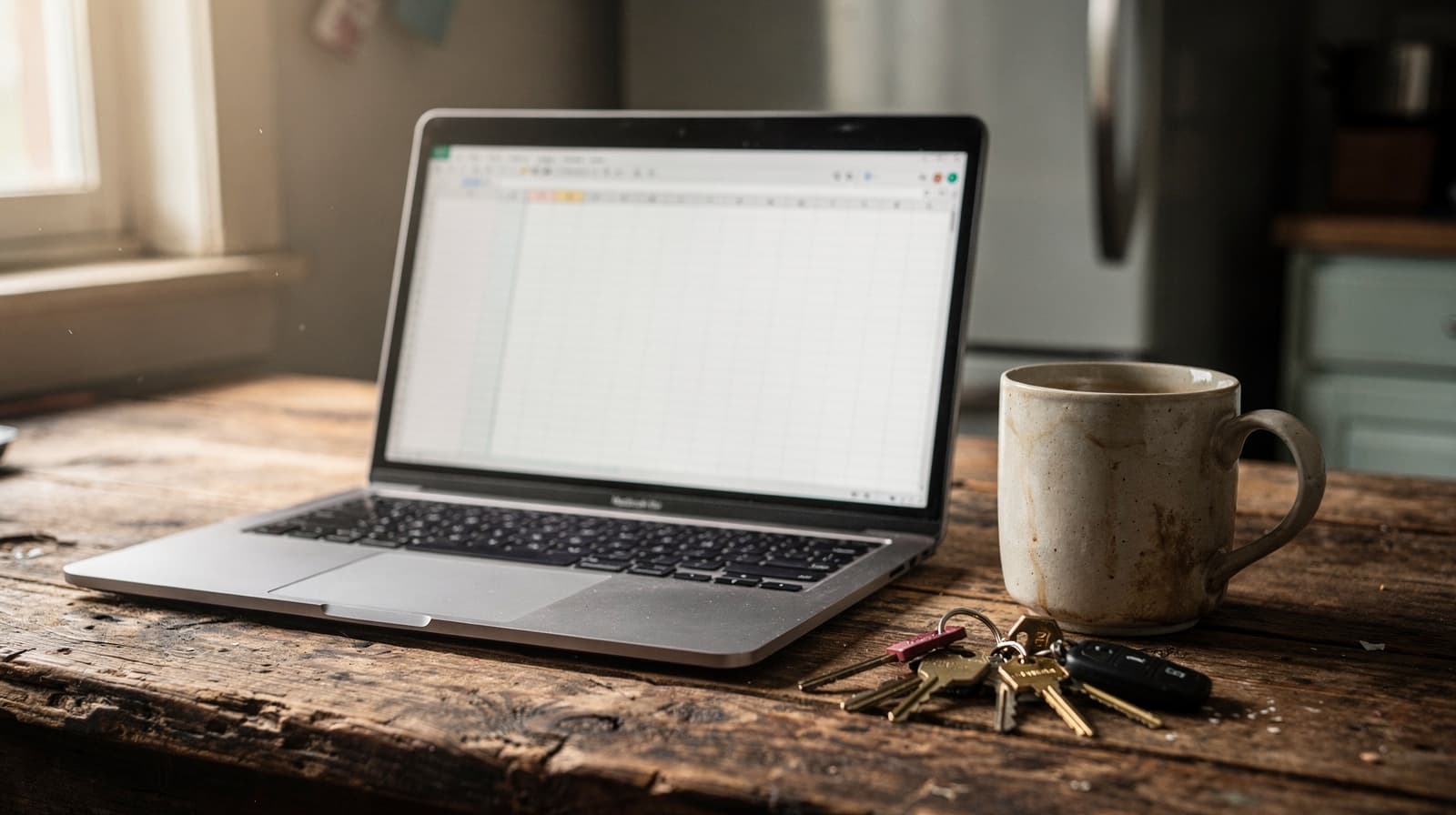 House keys and a rent ledger on a wooden kitchen table in a shared home