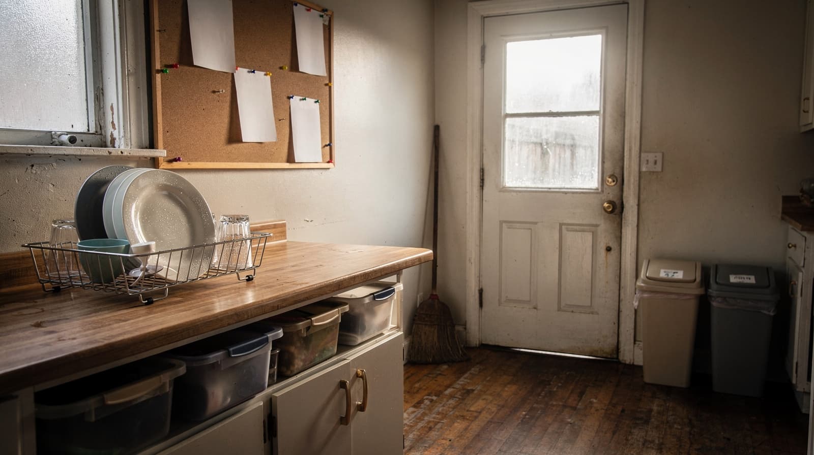 Tidy shared kitchen with a dish rack, storage bins, a cork board with blank notes, a broom and trash and recycling bins