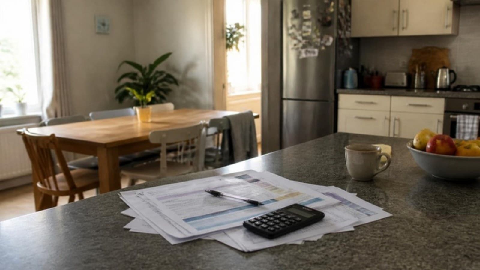 Shared-home kitchen with a long table and household bills on the counter, a reminder of co-living operating costs