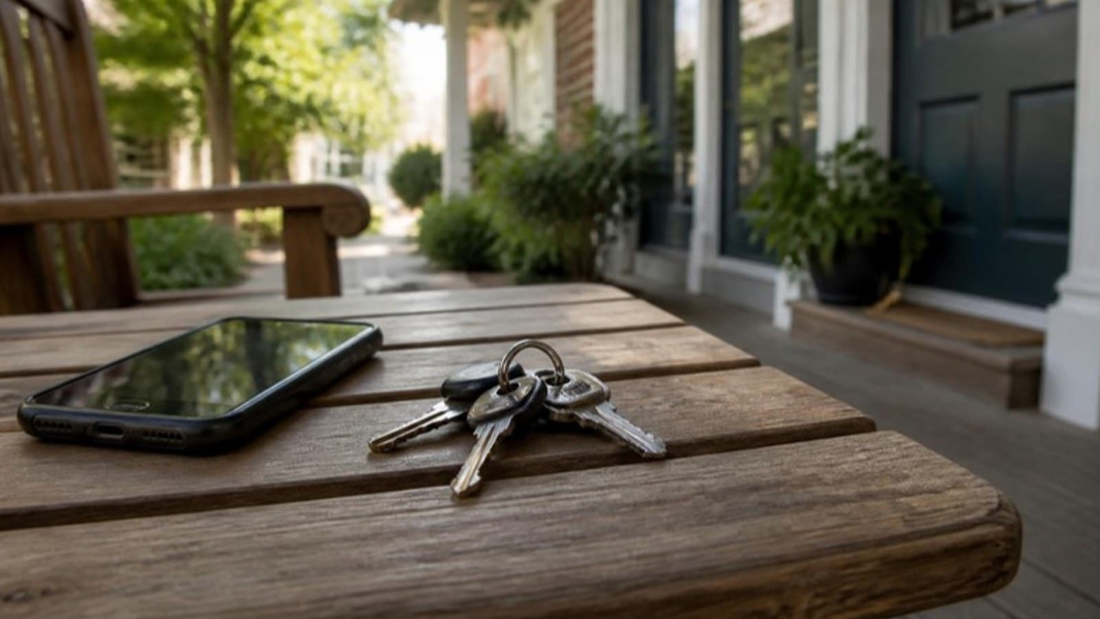 House keys and a phone on a wooden porch table outside a shared home, for a guide to room rental platform fees
