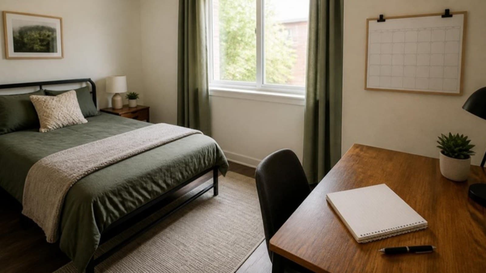 Tidy private bedroom in a shared home with a made bed, a small desk and window light