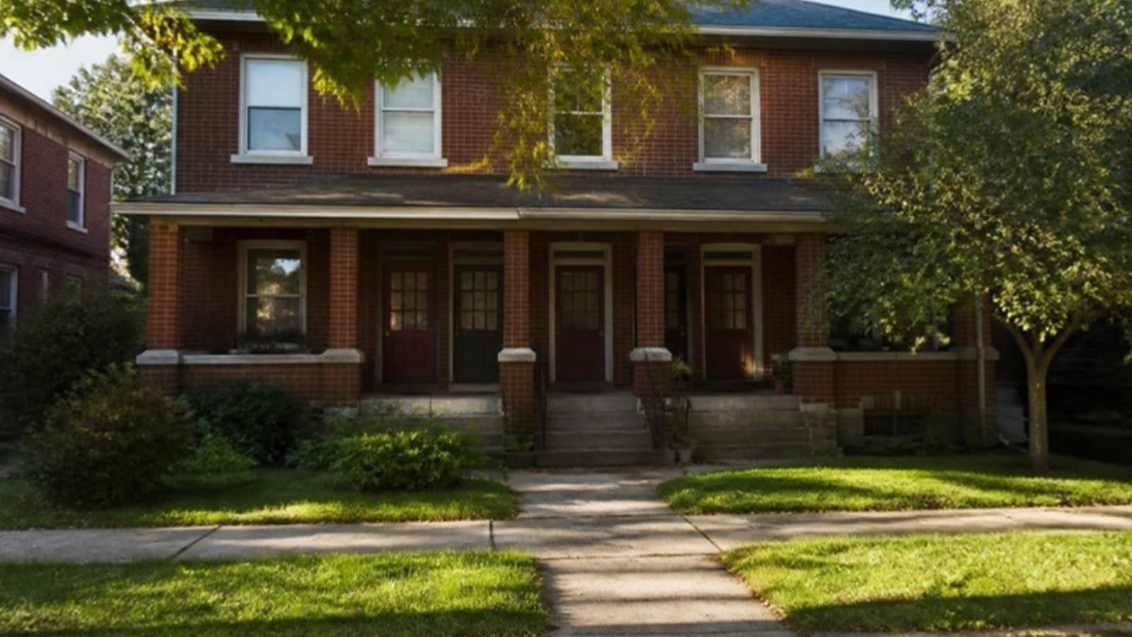 Small fourplex with a front porch and separate entry doors on a residential street, for a guide to house hacking with a VA loan