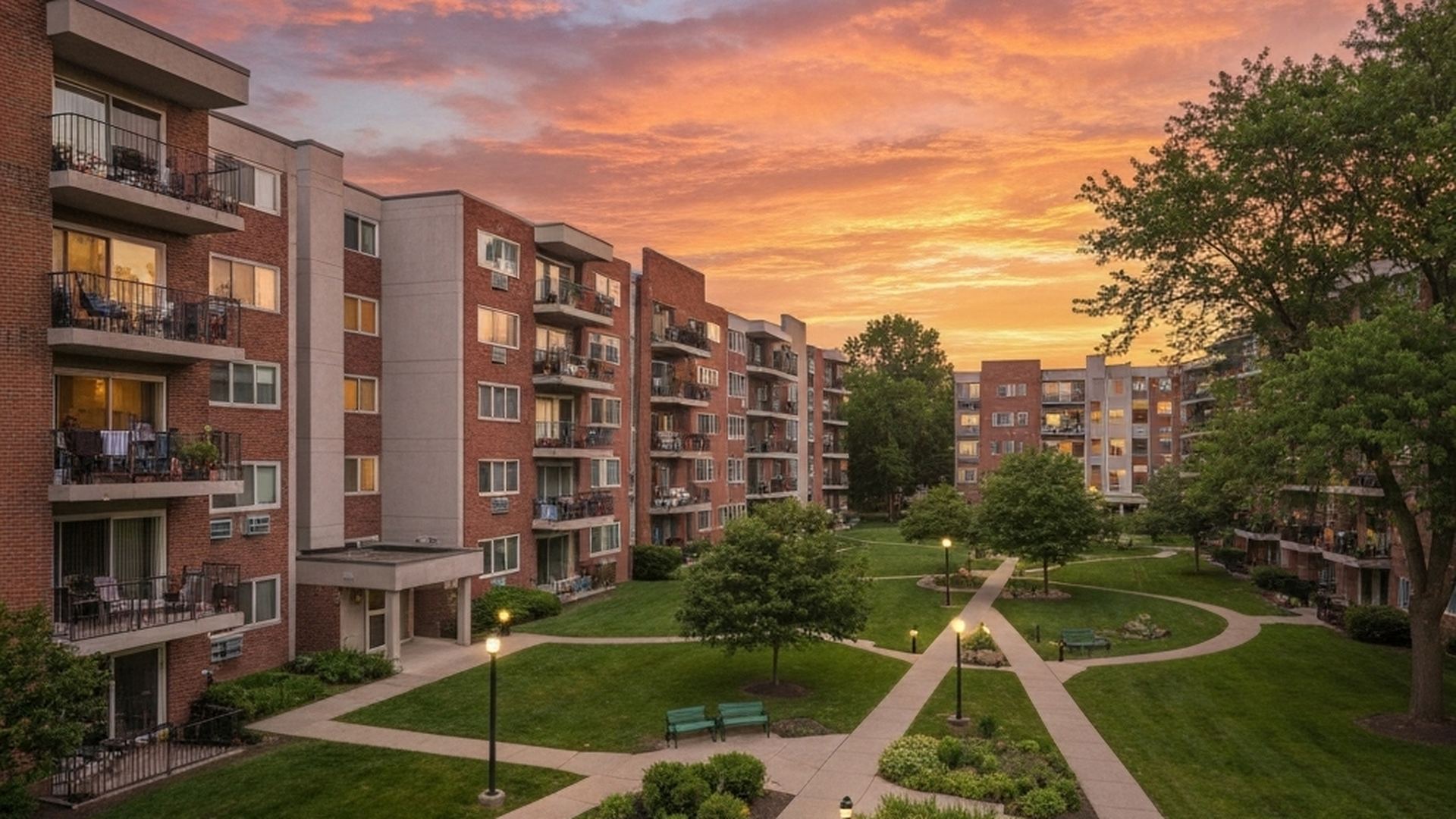 Apartment community at sunset